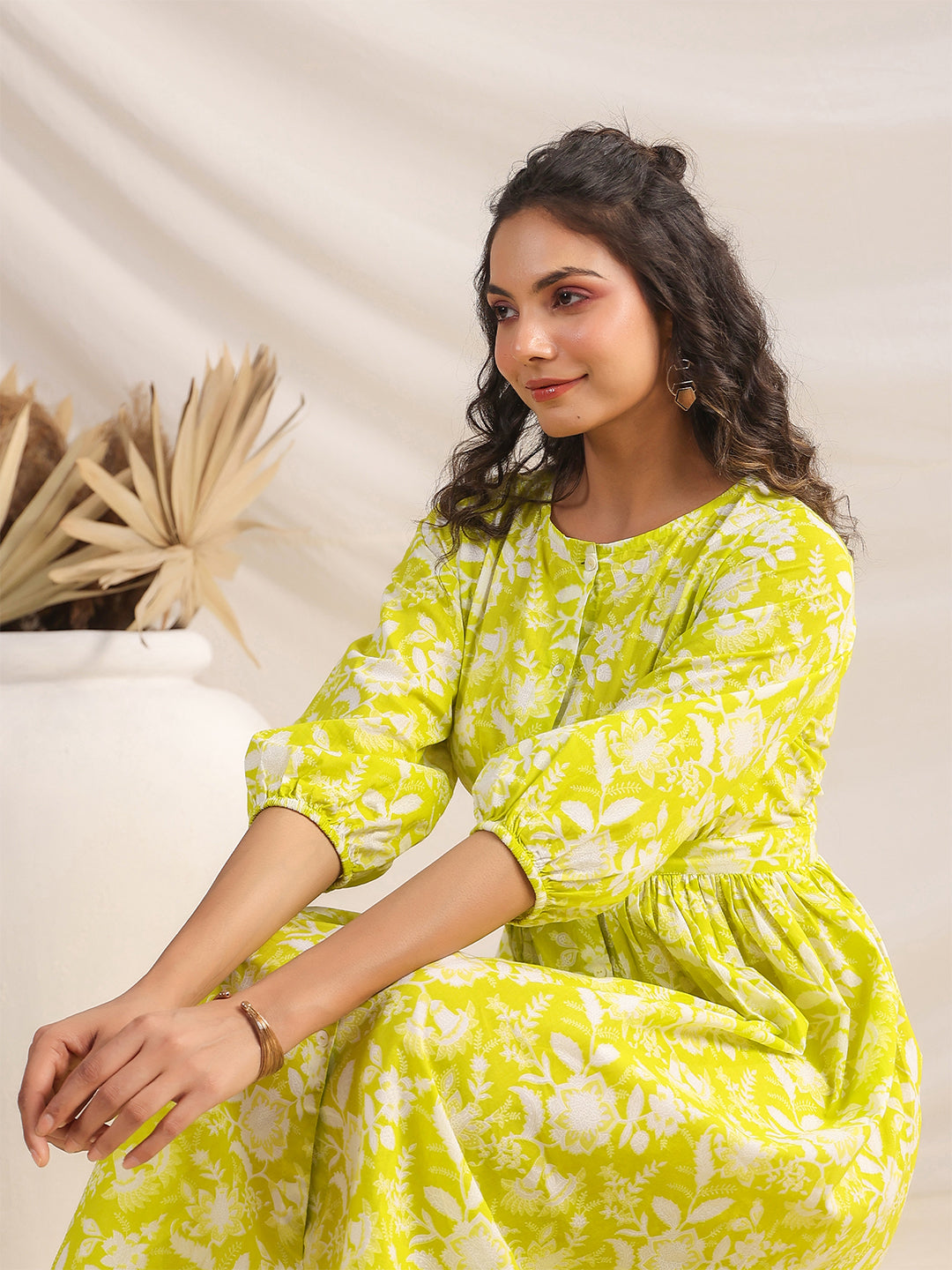 Janasya Bright Cotton Floral Gathered Dress | Grocsy