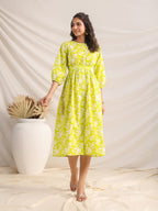 Janasya Bright Cotton Floral Gathered Dress | Grocsy