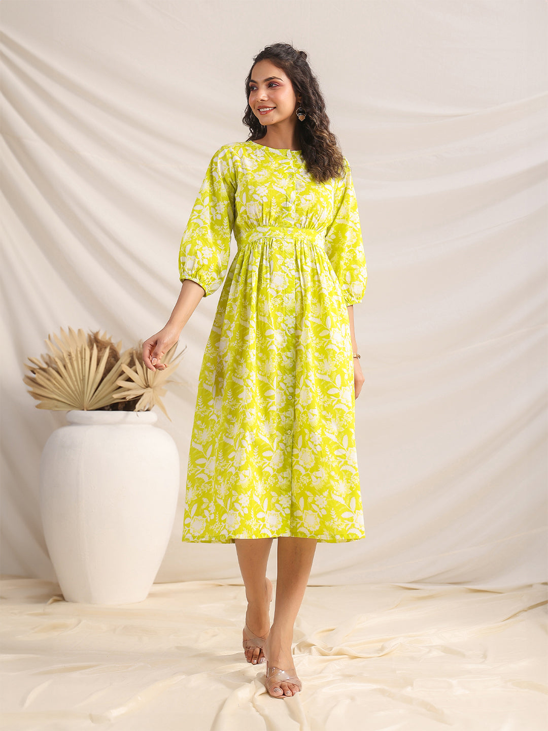 Janasya Bright Cotton Floral Gathered Dress | Grocsy