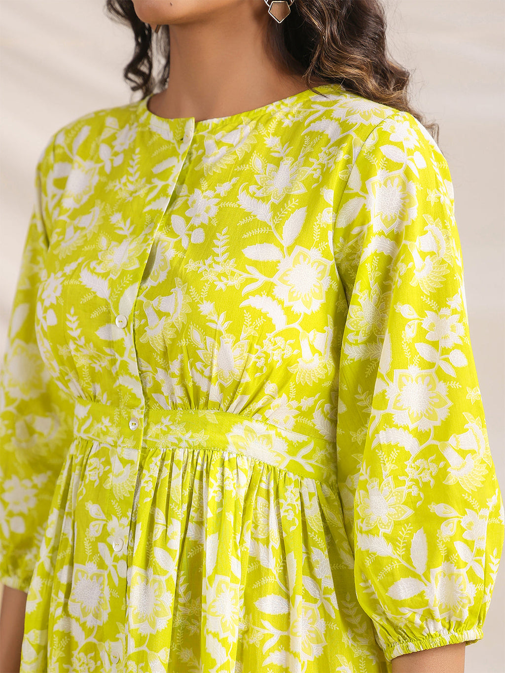 Janasya Lime Cambric Floral Dress | Grocsy