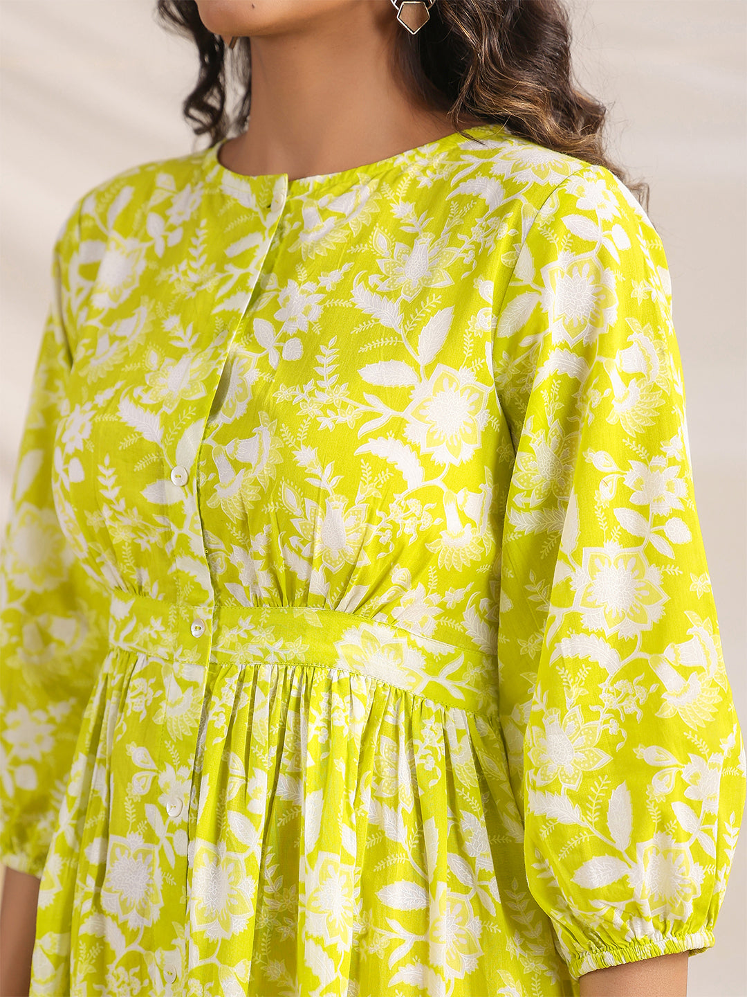 Janasya Bright Cotton Floral Gathered Dress | Grocsy