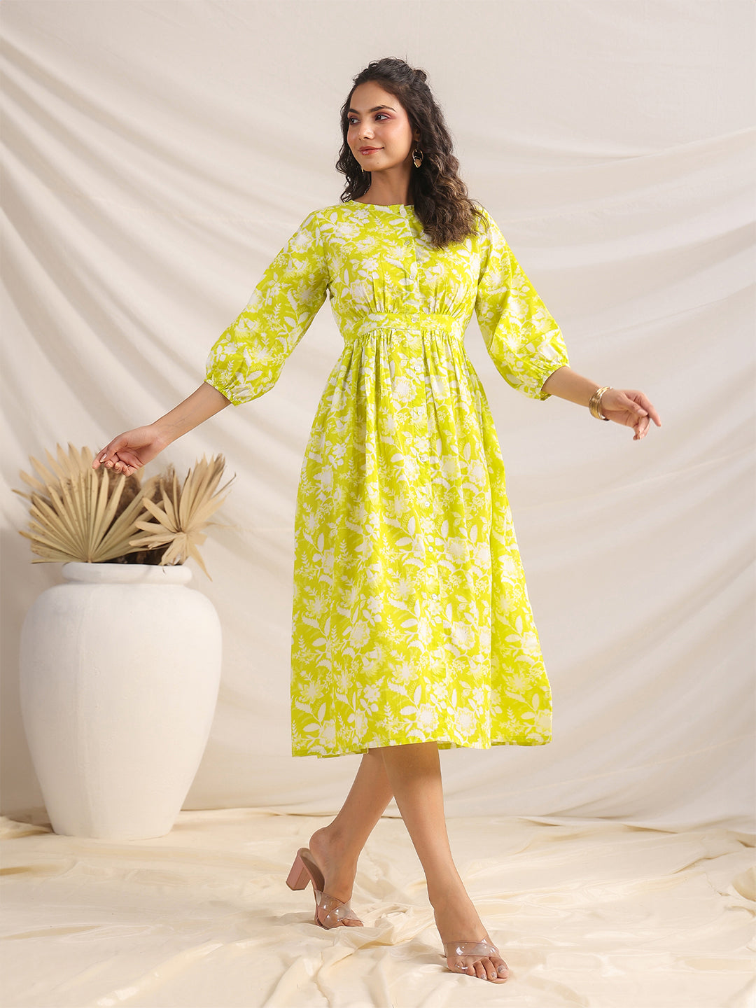 Janasya Bright Cotton Floral Gathered Dress | Grocsy