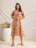 Janasya Gathered Cambric Yellow Floral V-Neck Dress | Grocsy