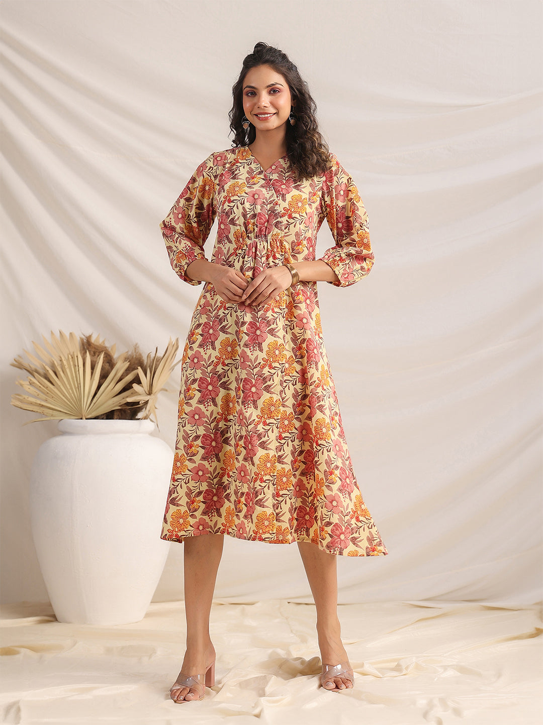 Janasya Gathered Cambric Yellow Floral V-Neck Dress | Grocsy