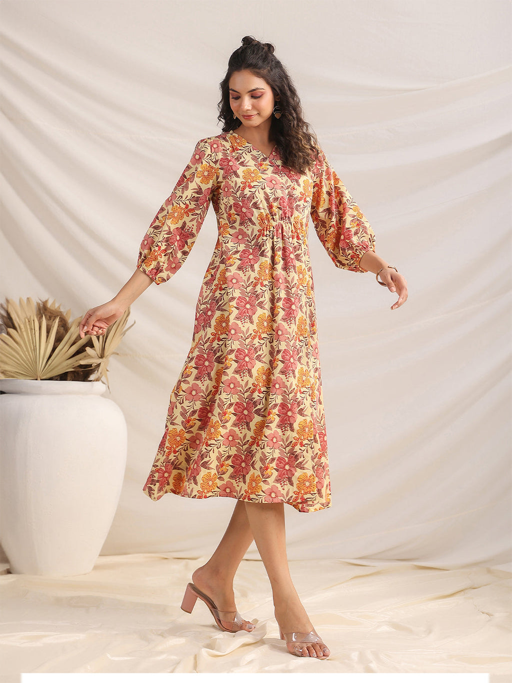 Janasya Gathered Cambric Yellow Floral V-Neck Dress | Grocsy