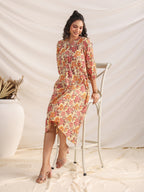 Janasya Gathered Cambric Yellow Floral V-Neck Dress | Grocsy