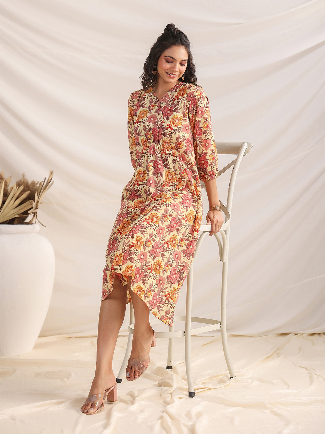 Janasya Gathered Cambric Yellow Floral V-Neck Dress | Grocsy