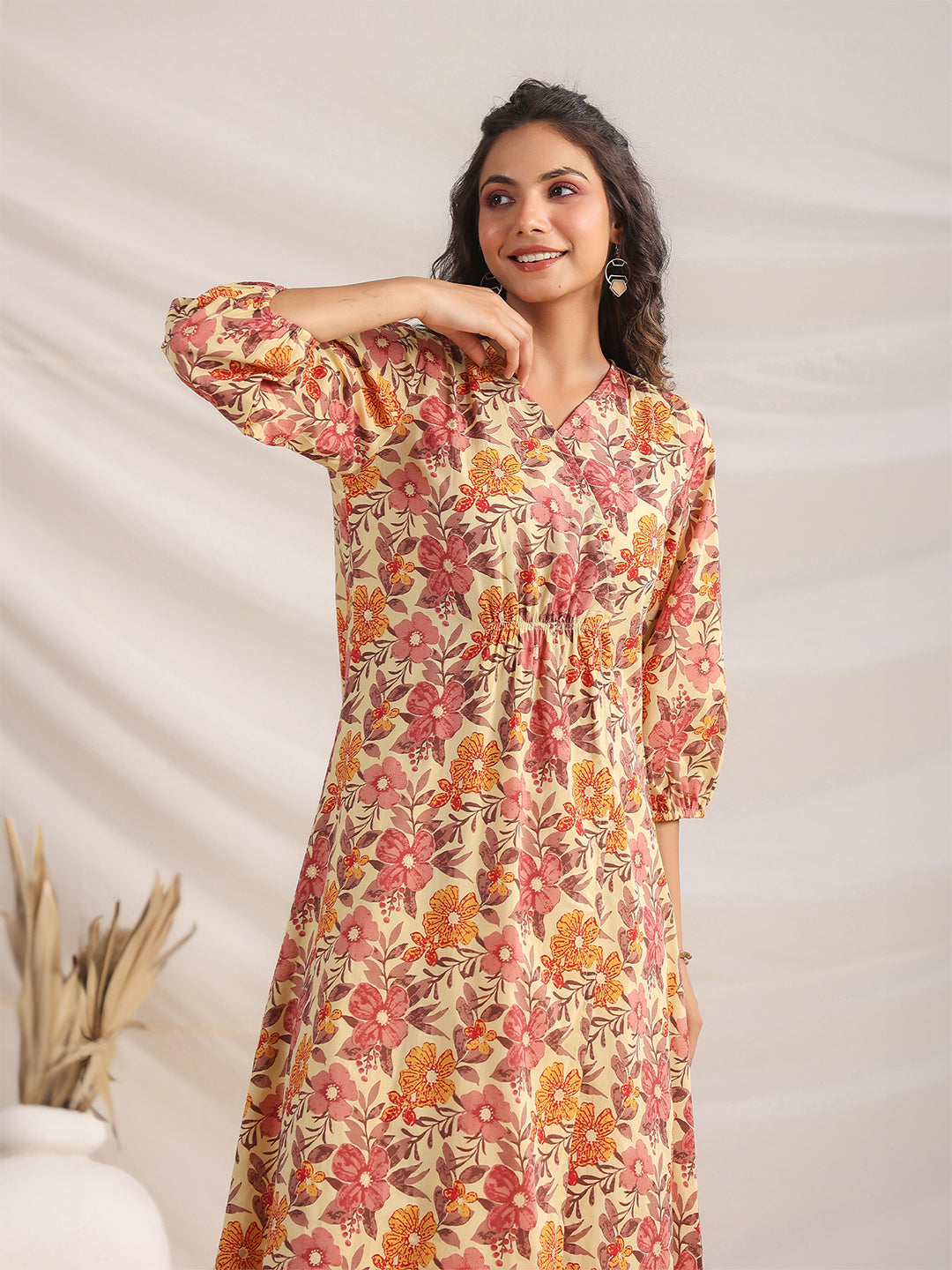 Janasya Gathered Cambric Yellow Floral V-Neck Dress | Grocsy