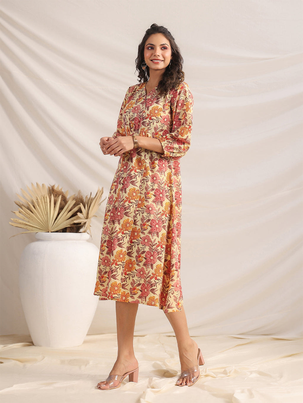 Janasya Gathered Cambric Yellow Floral V-Neck Dress | Grocsy