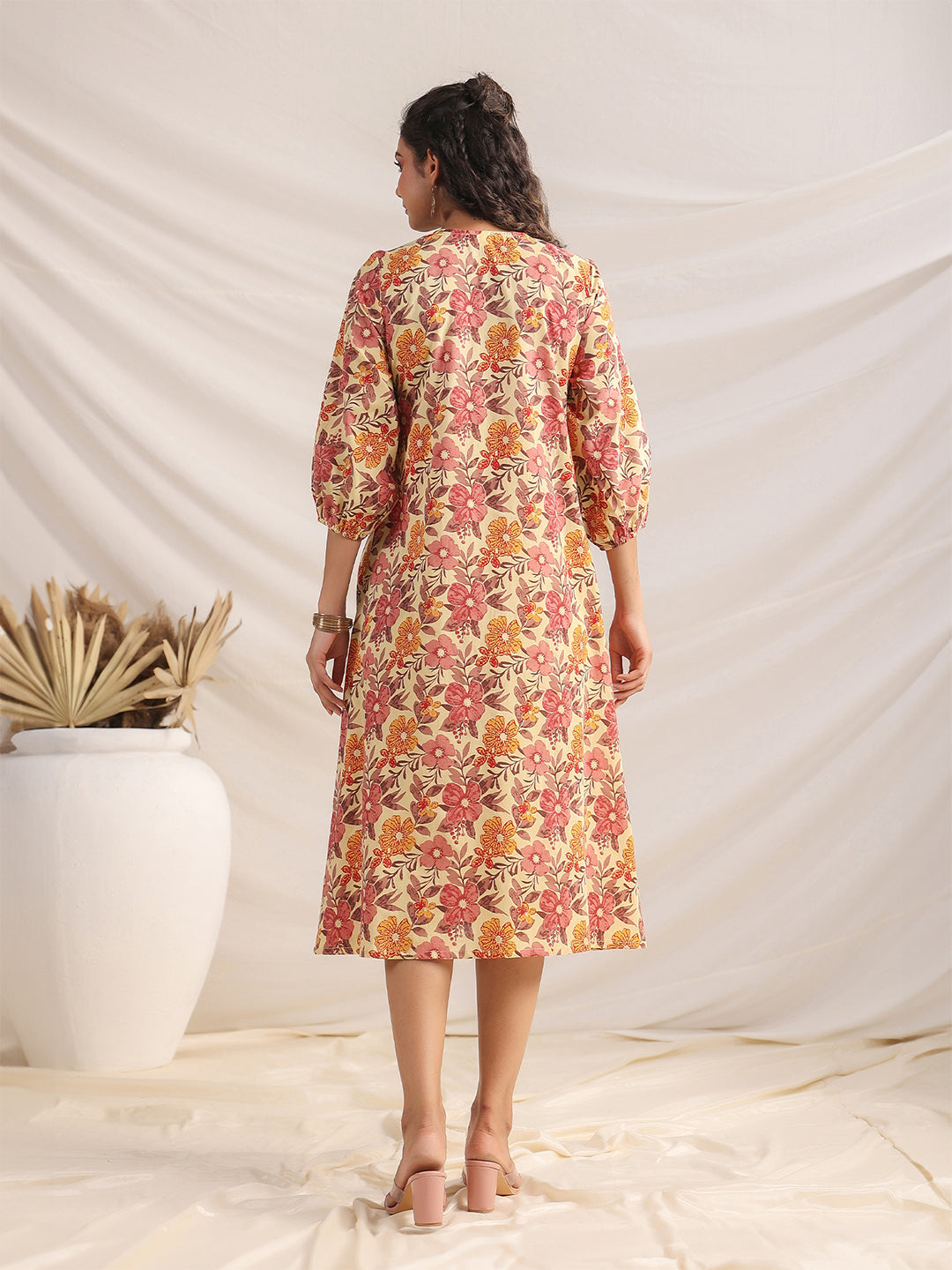 Janasya Gathered Cambric Yellow Floral V-Neck Dress | Grocsy