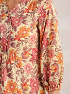 Janasya Gathered Cambric Yellow Floral V-Neck Dress | Grocsy