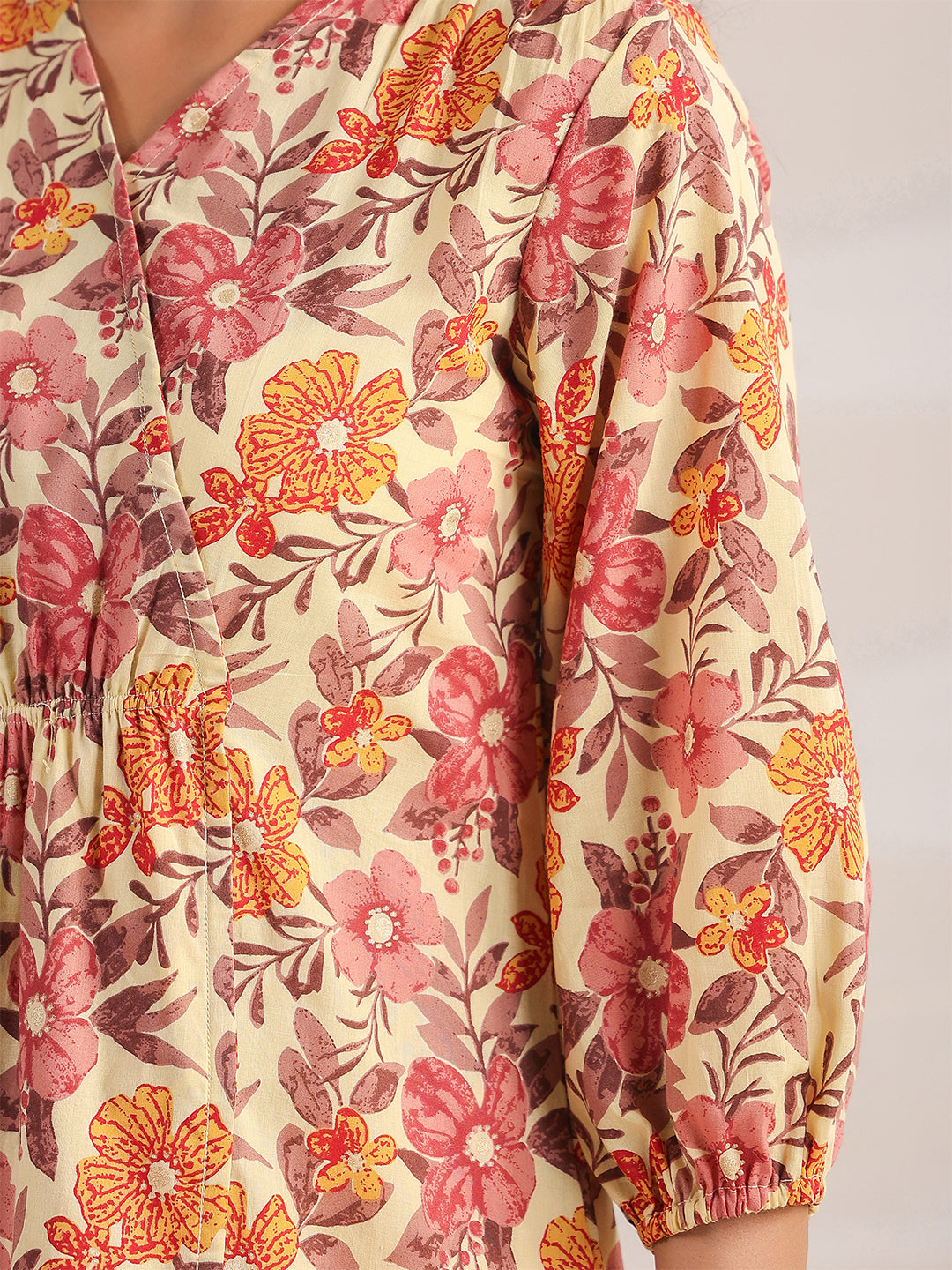 Janasya Gathered Cambric Yellow Floral V-Neck Dress | Grocsy