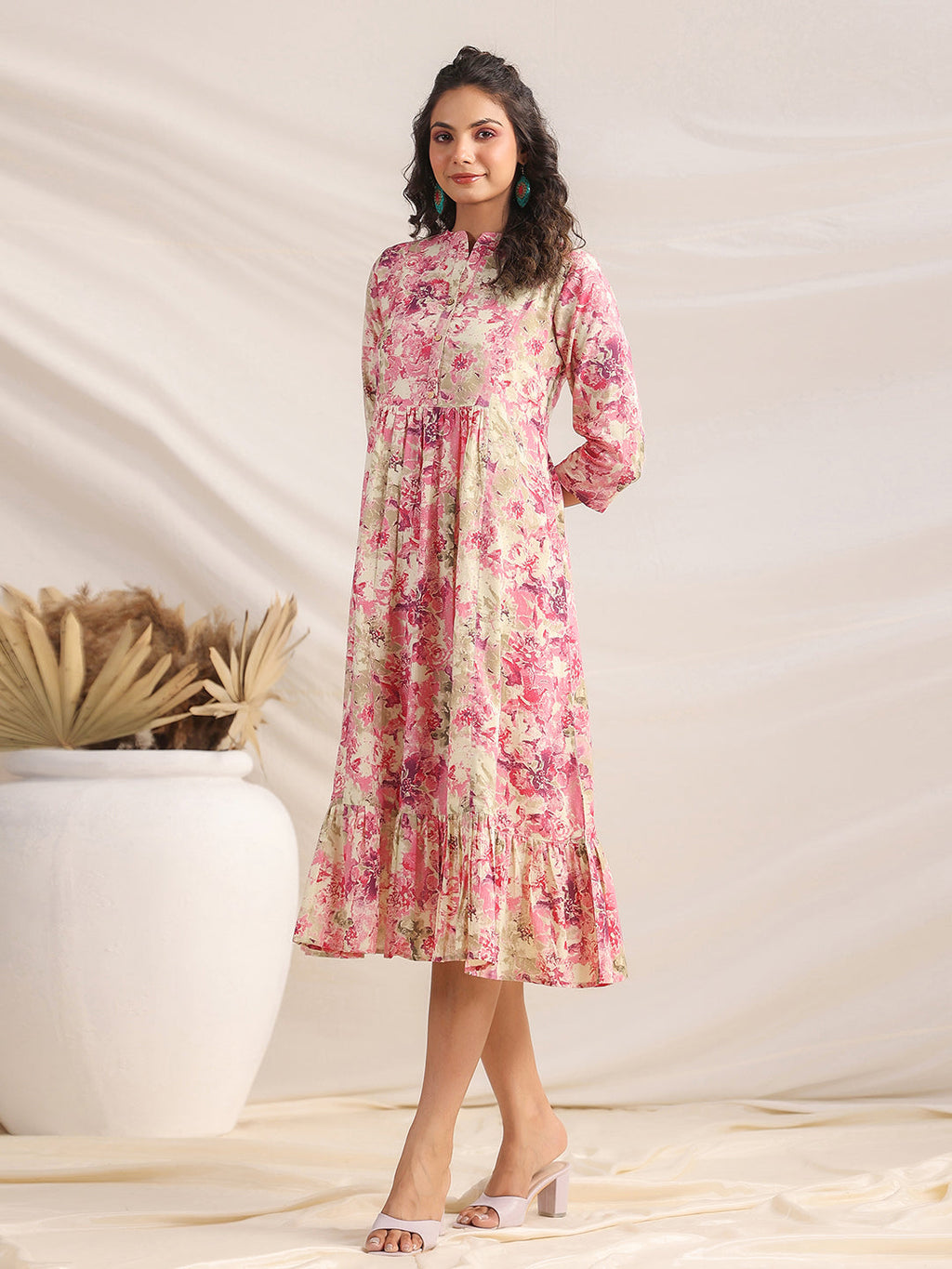 Janasya Light Cotton Abstract Gathered Dress | Grocsy