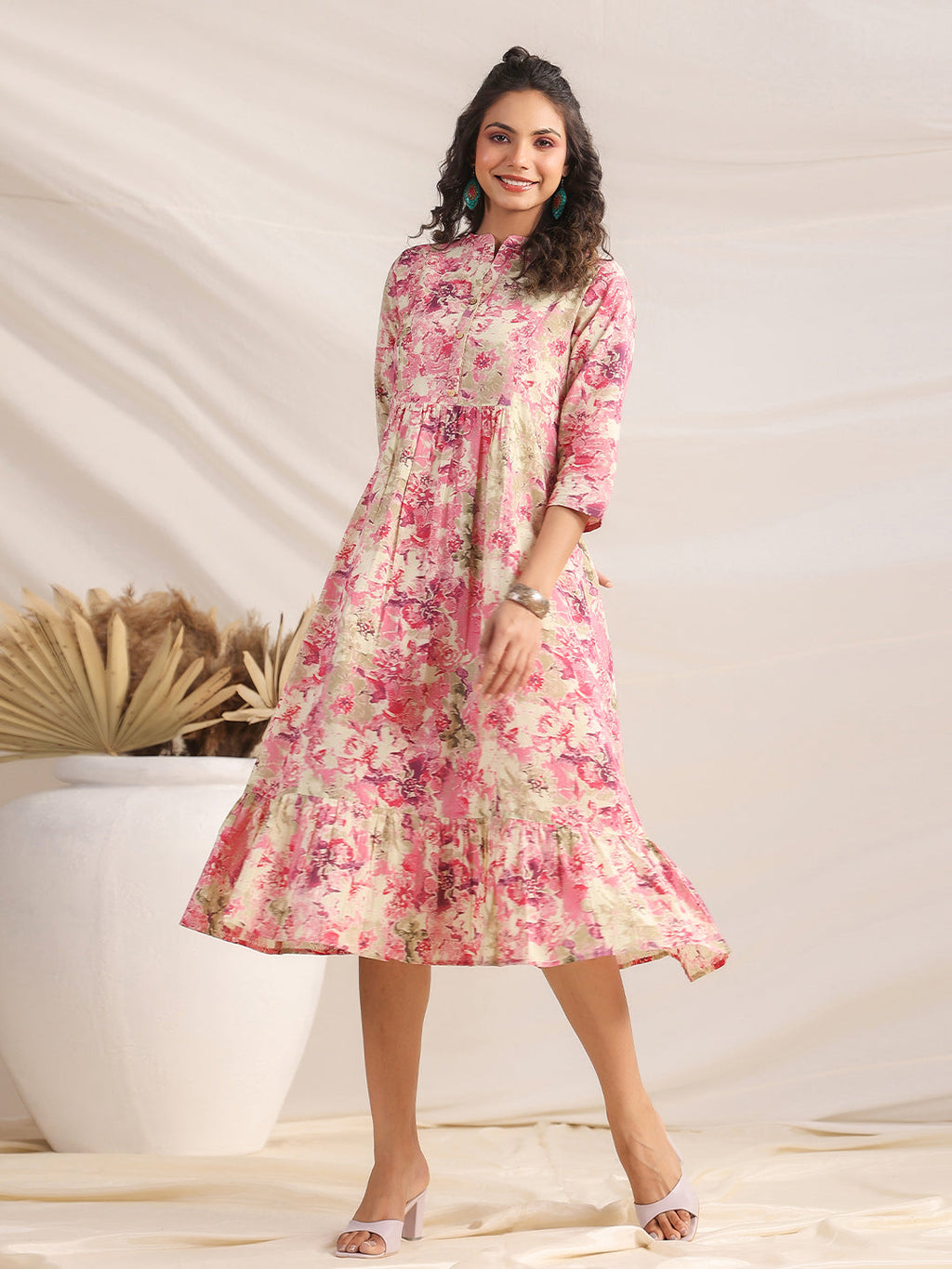 Janasya Light Cotton Abstract Gathered Dress | Grocsy