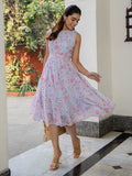 Janasya Lavender Dobby Georgette Floral Tiered Dress | Grocsy