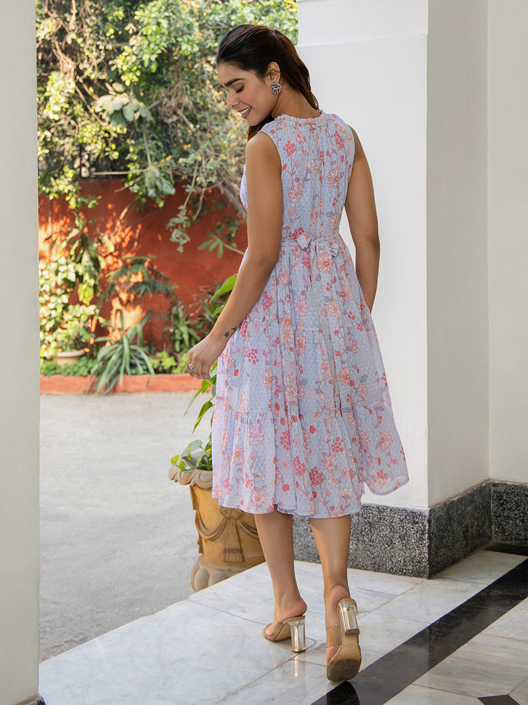 Janasya Lavender Dobby Georgette Floral Tiered Dress | Grocsy