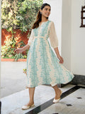Janasya Off White Dobby Georgette Floral Flared Dress | Grocsy