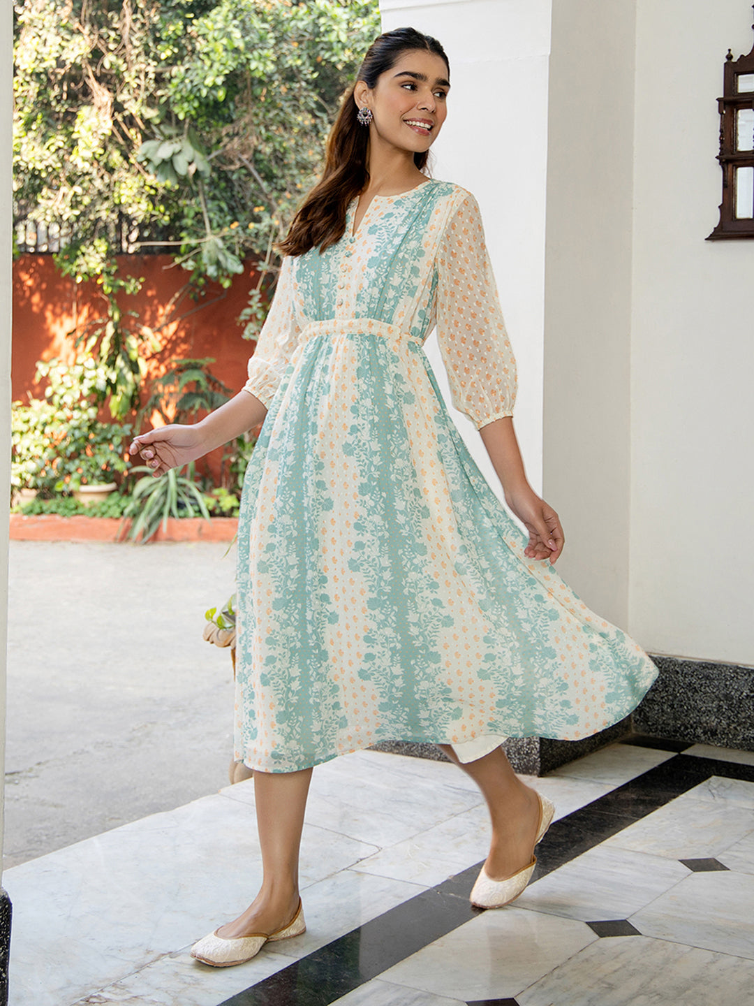 Janasya Off White Dobby Georgette Floral Flared Dress | Grocsy