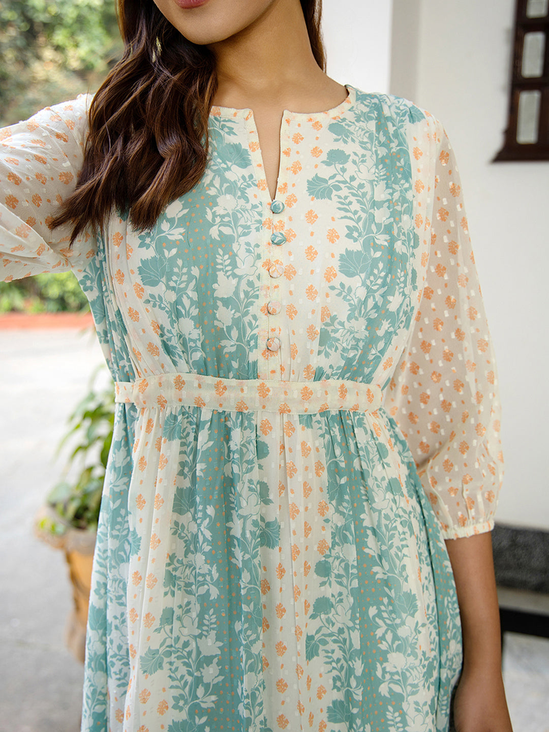 Janasya Off White Dobby Georgette Floral Flared Dress | Grocsy