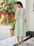 Janasya Off White Dobby Georgette Floral Flared Dress | Grocsy