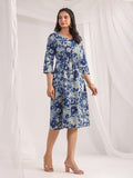 Janasya Indigo Cambric Floral Dress | Grocsy