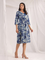 Janasya Indigo Cambric Floral Dress | Grocsy