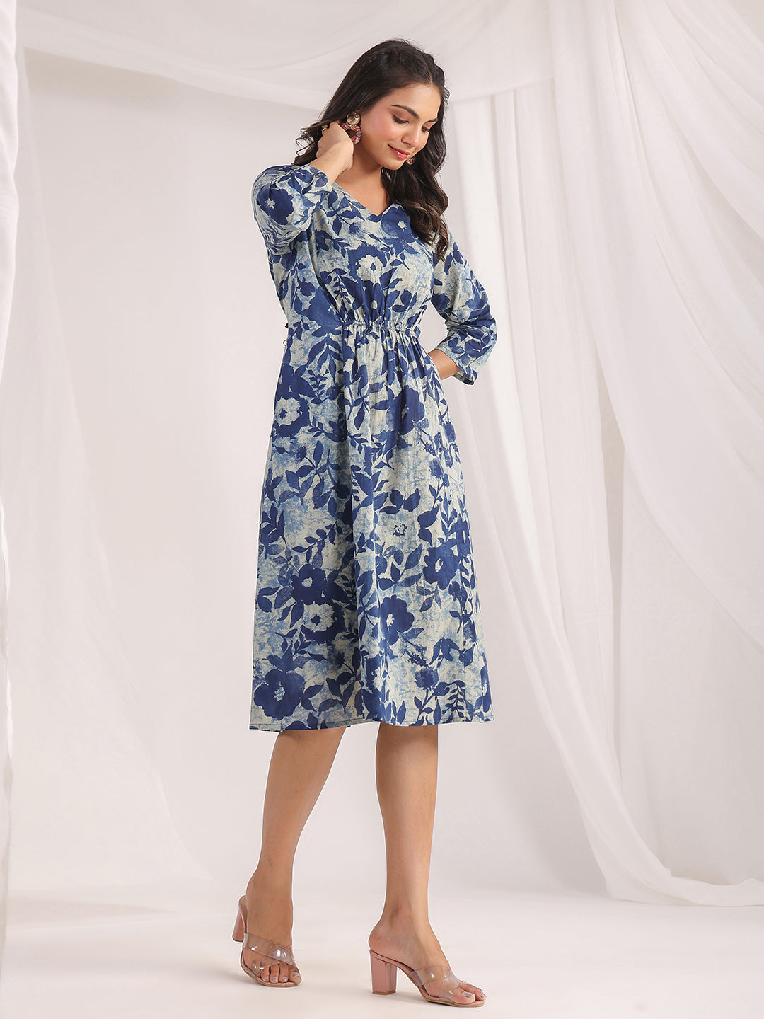 Janasya Indigo Cambric Floral Dress | Grocsy