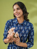 Janasya Dark Cotton Ethnic Motifs Shirt Dress Dress | Grocsy