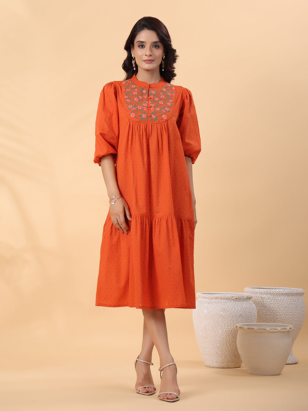 Janasya Pleated Dobby Cotton Rust Embroidered Band Collar Dress | Grocsy