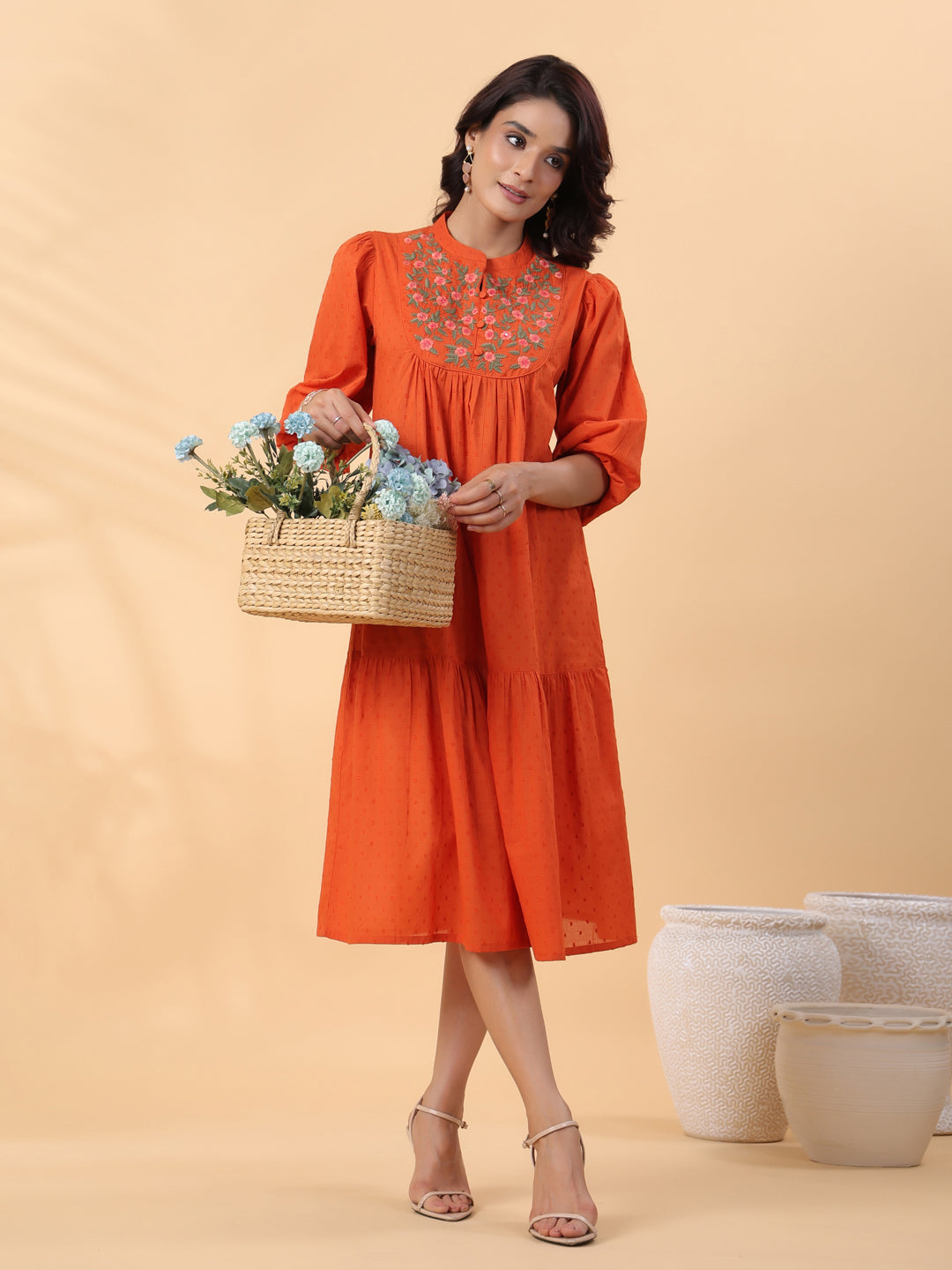 Janasya Pleated Dobby Cotton Rust Embroidered Band Collar Dress | Grocsy