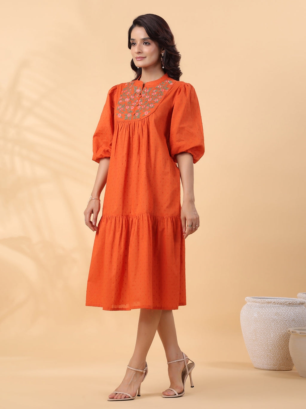 Janasya Pleated Dobby Cotton Rust Embroidered Band Collar Dress | Grocsy