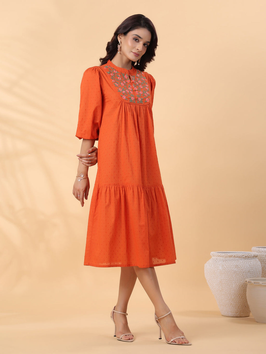 Janasya Pleated Dobby Cotton Rust Embroidered Band Collar Dress | Grocsy