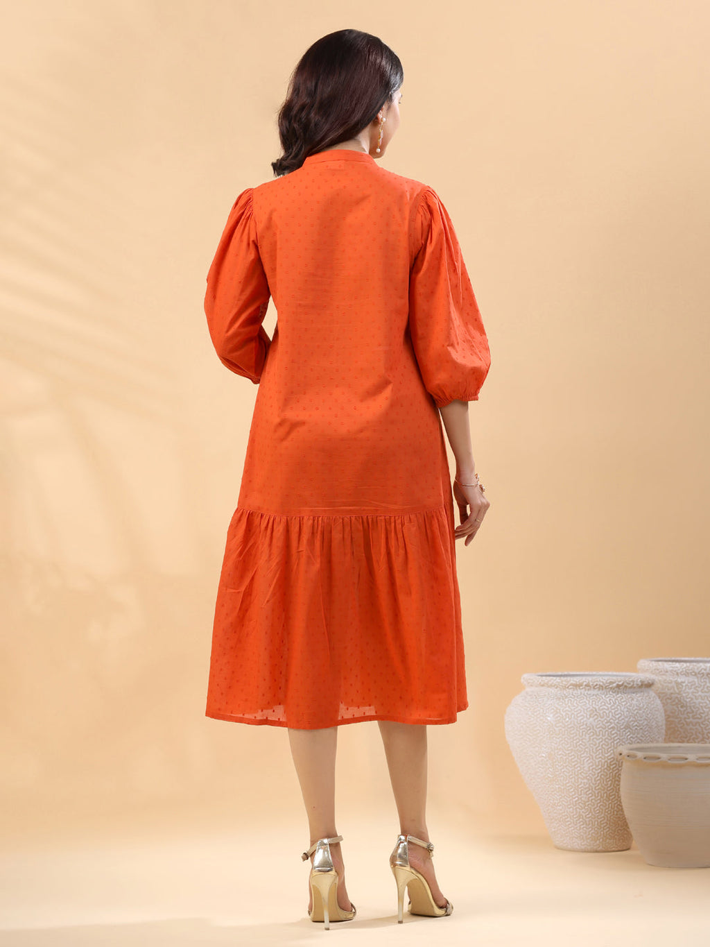 Janasya Pleated Dobby Cotton Rust Embroidered Band Collar Dress | Grocsy