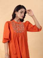 Janasya Pleated Dobby Cotton Rust Embroidered Band Collar Dress | Grocsy