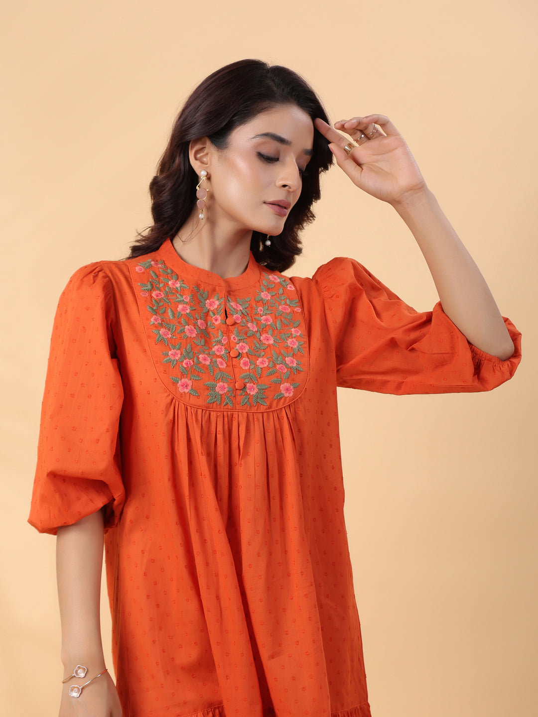 Janasya Pleated Dobby Cotton Rust Embroidered Band Collar Dress | Grocsy