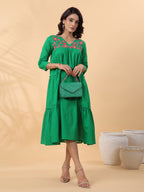 Janasya Pleated Dobby Cotton Green Embroidered V-Neck Dress | Grocsy