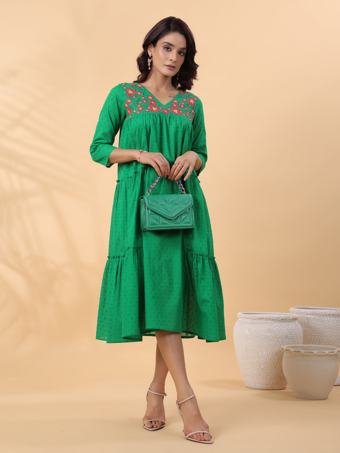 Janasya Pleated Dobby Cotton Green Embroidered V-Neck Dress | Grocsy