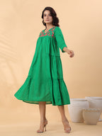 Janasya Pleated Dobby Cotton Green Embroidered V-Neck Dress | Grocsy