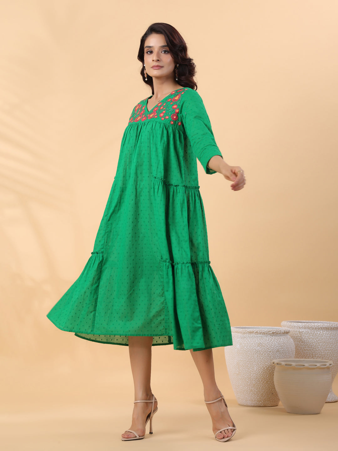 Janasya Pleated Dobby Cotton Green Embroidered V-Neck Dress | Grocsy