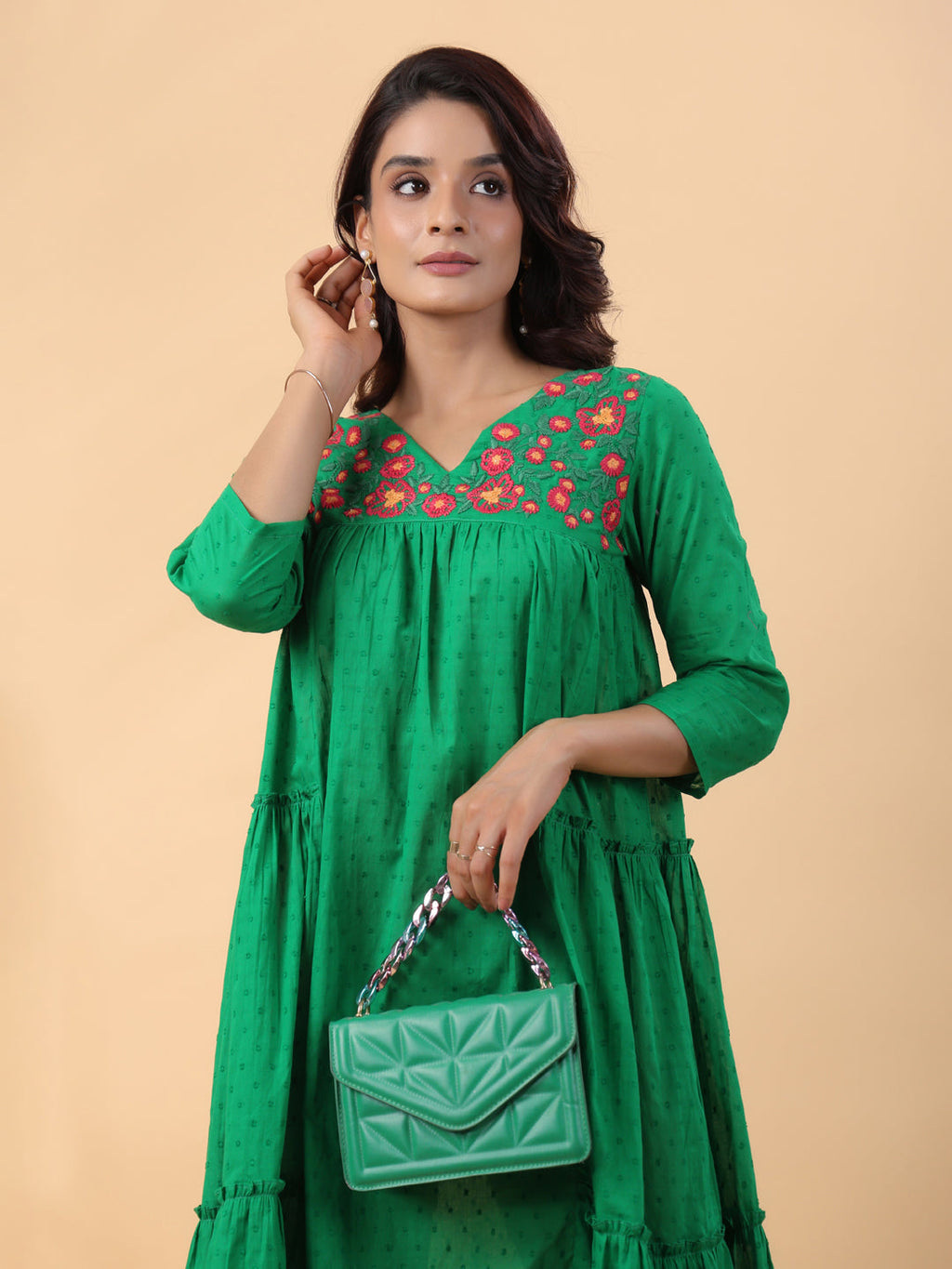 Janasya Pleated Dobby Cotton Green Embroidered V-Neck Dress | Grocsy