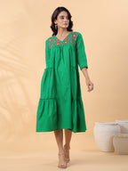 Janasya Pleated Dobby Cotton Green Embroidered V-Neck Dress | Grocsy