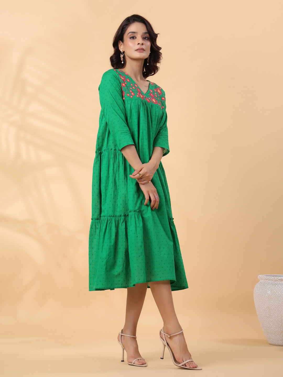 Janasya Pleated Dobby Cotton Green Embroidered V-Neck Dress | Grocsy