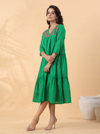 Janasya Pleated Dobby Cotton Green Embroidered V-Neck Dress | Grocsy