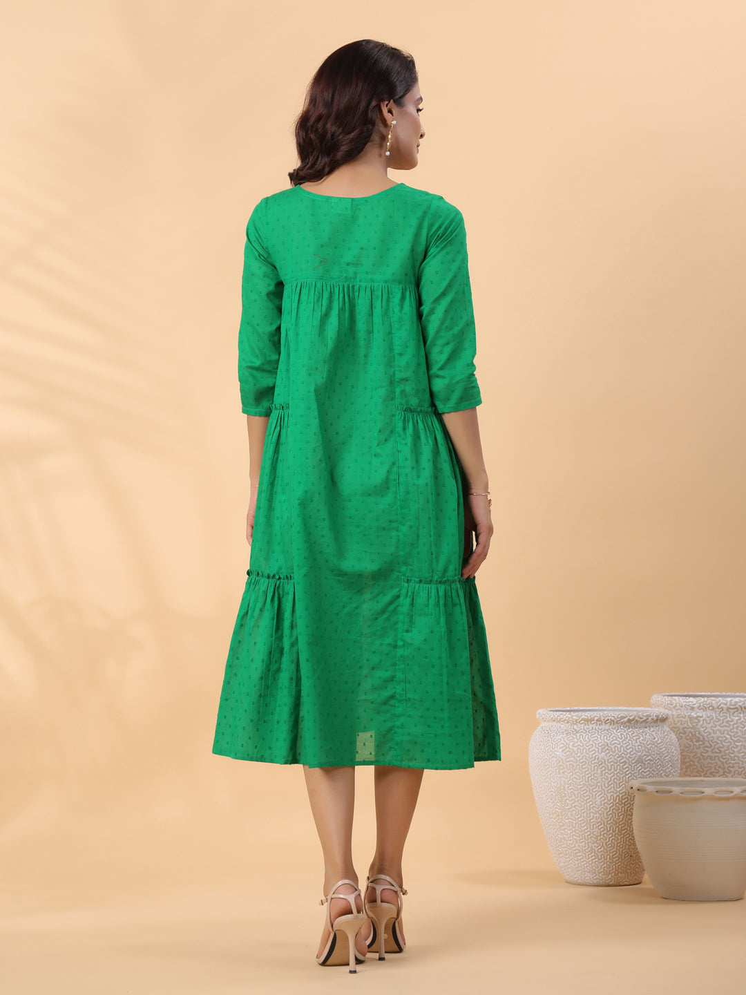 Janasya Pleated Dobby Cotton Green Embroidered V-Neck Dress | Grocsy