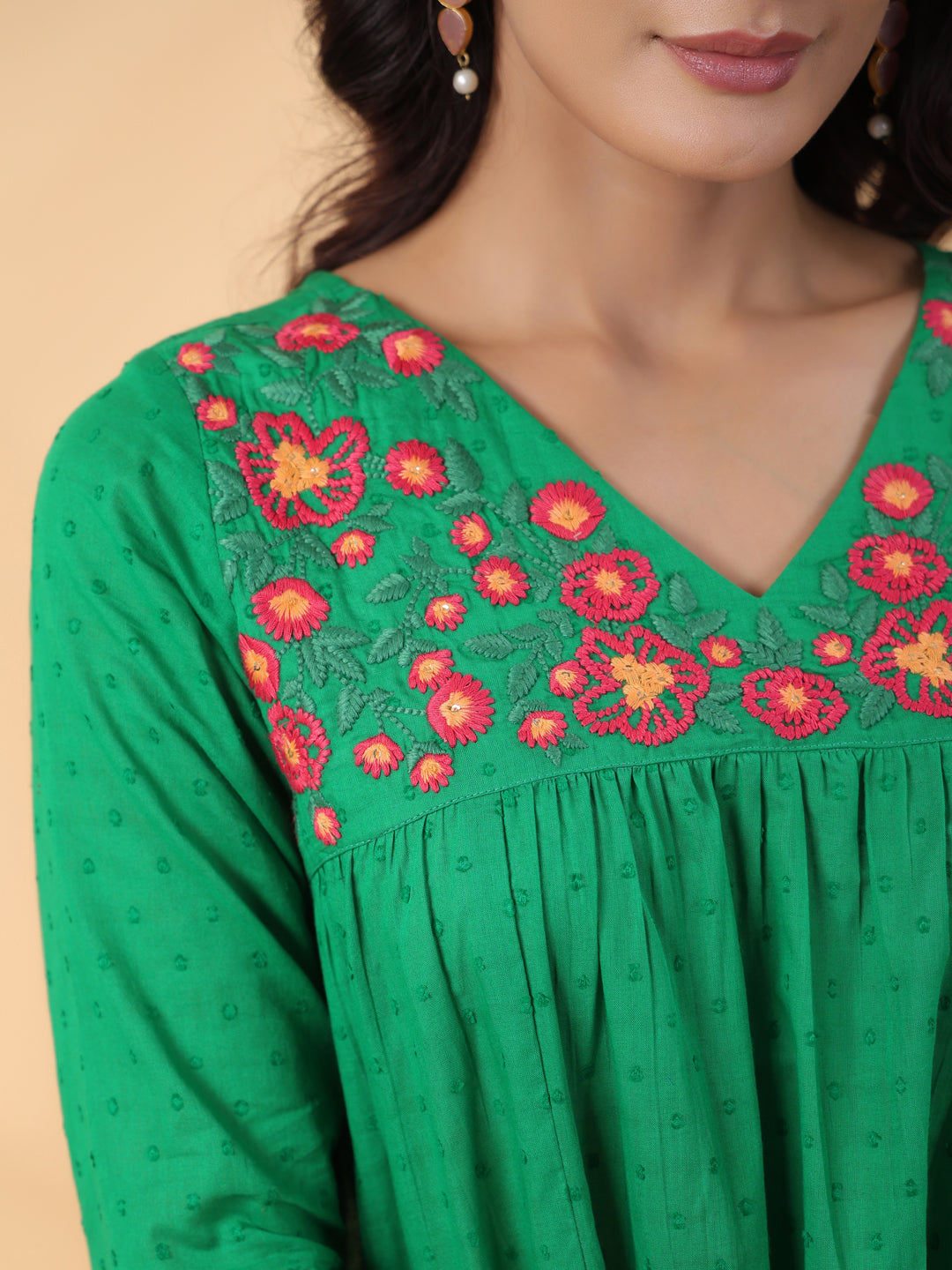 Janasya Pleated Dobby Cotton Green Embroidered V-Neck Dress | Grocsy