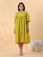 Janasya Pleated Dobby Cotton Lime Green Embroidered V-Neck Dress | Grocsy