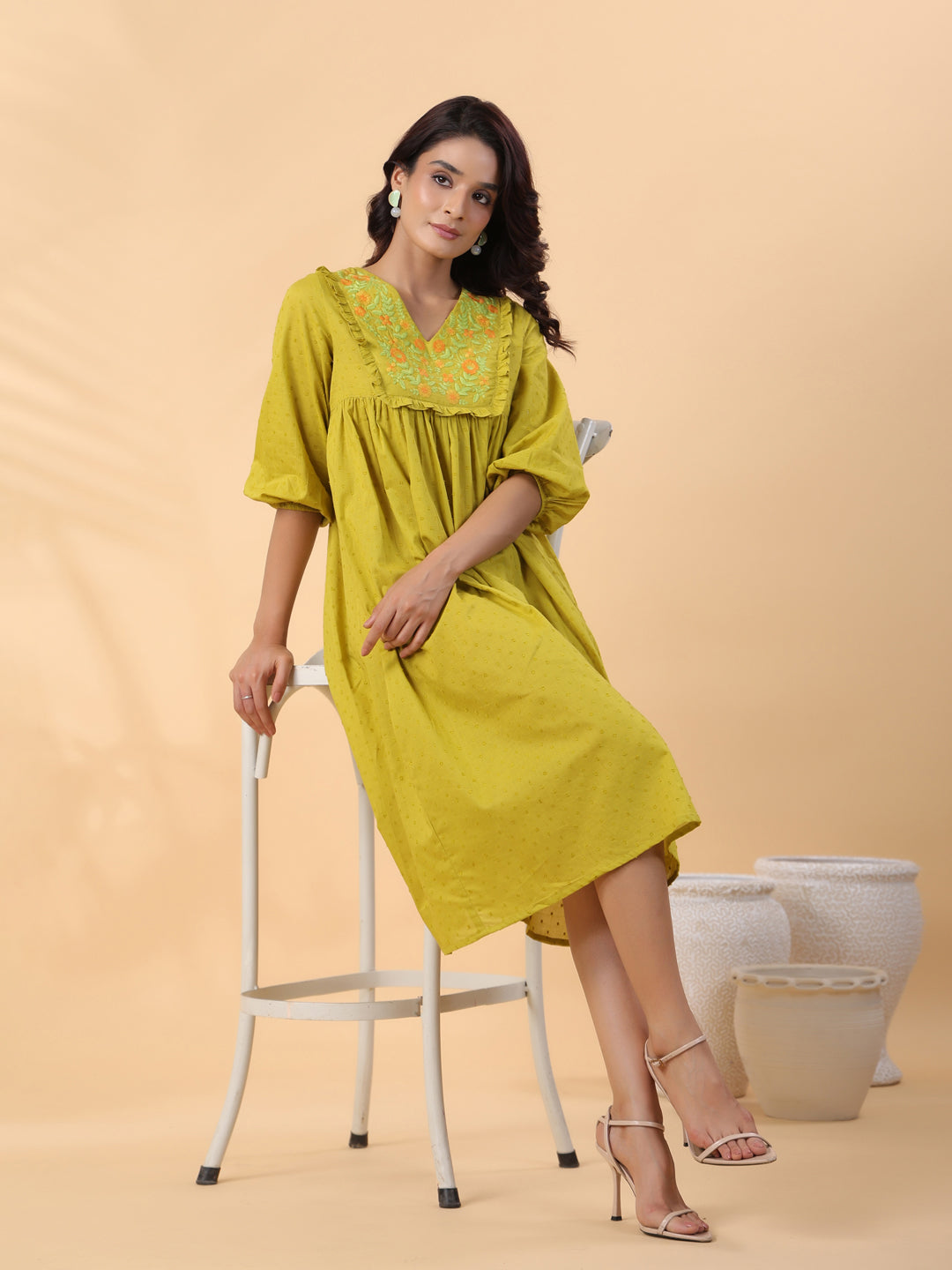 Janasya Pleated Dobby Cotton Lime Green Embroidered V-Neck Dress | Grocsy