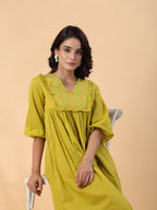Janasya Pleated Dobby Cotton Lime Green Embroidered V-Neck Dress | Grocsy