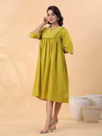 Janasya Pleated Dobby Cotton Lime Green Embroidered V-Neck Dress | Grocsy