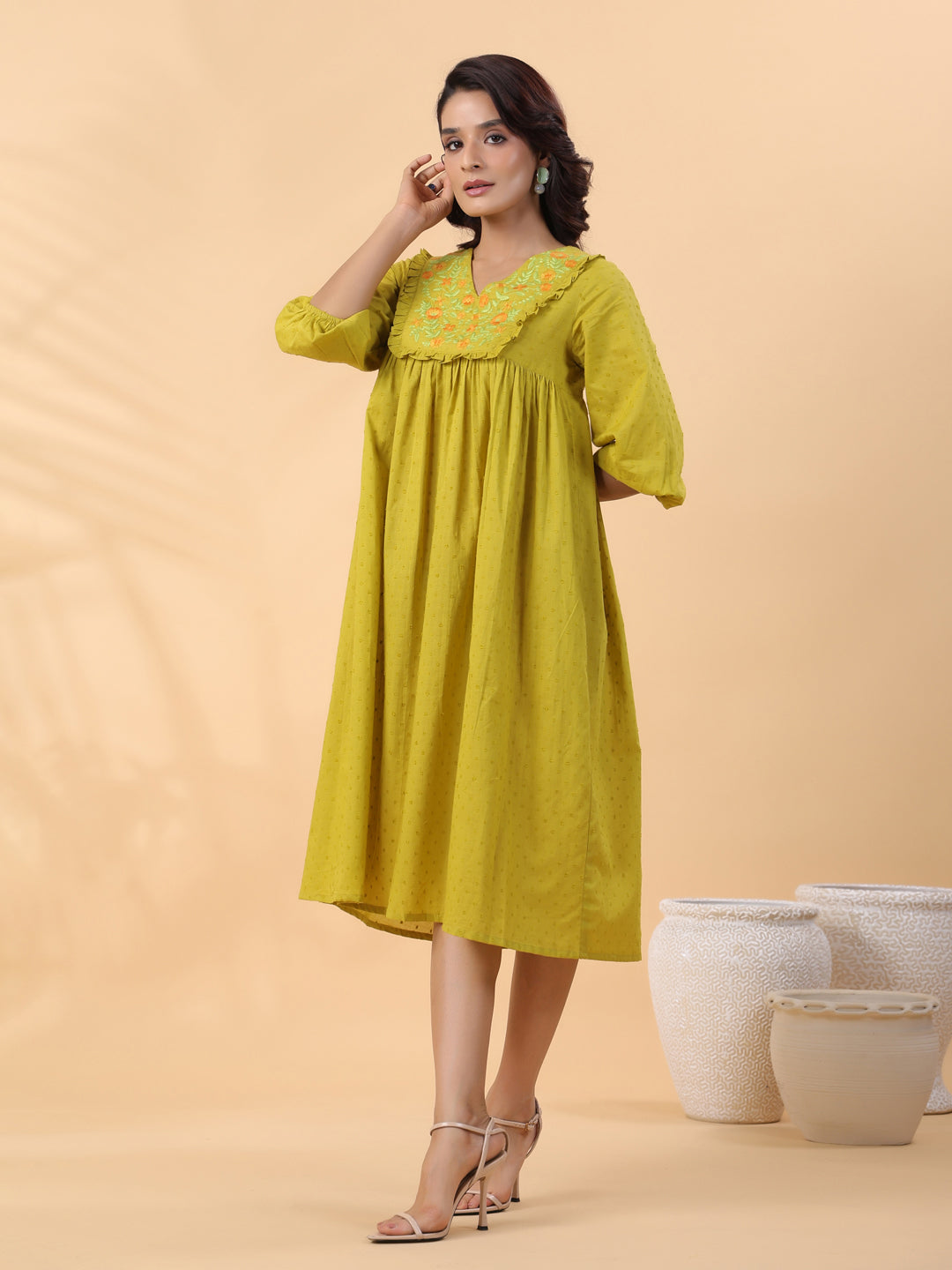 Janasya Pleated Dobby Cotton Lime Green Embroidered V-Neck Dress | Grocsy